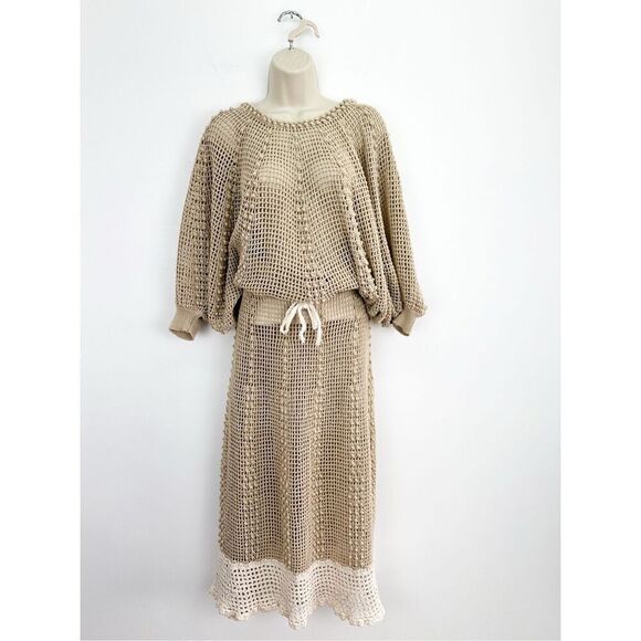 J.M. Pink Dresses & Skirts - J.M. Pink Women’s Vintage Tan Cream Crochet Open Knit Two Piece Dolman Sleeve Ma